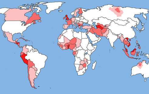 Карта распространения болезни (места наиболее частого появления фей отмечены красным)